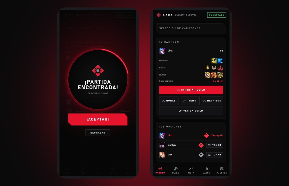 La app de Xyra en el celular: partida encontrada y tu build
