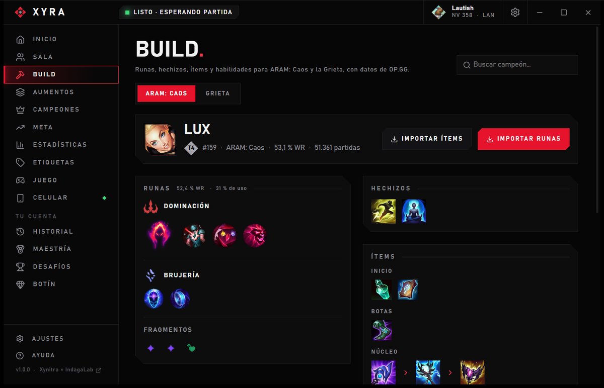 Pantalla de build de Xyra