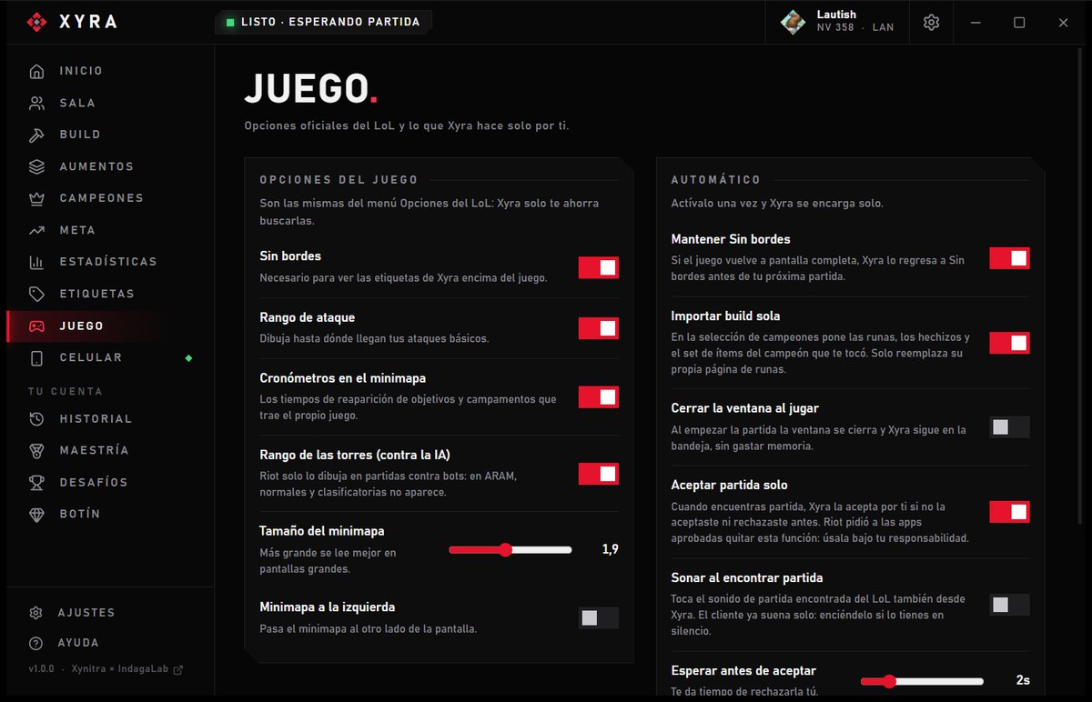 Opciones del juego en Xyra